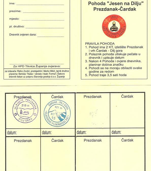 Spomen dnevnik pohoda “Jesen na Dilju” Prezdanak-Čardak